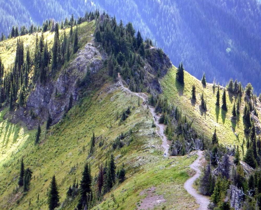 Idaho Peak in New Denver, BC, with rugged mountain terrain and lush greenery under a clear blue sky."